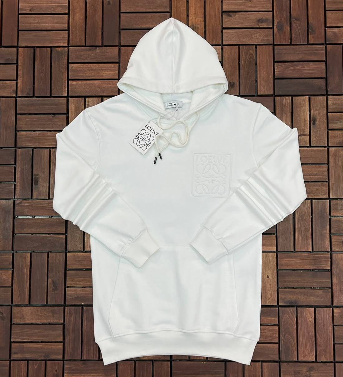 LOEWE Embossed Logo White Hoodie UNISEX