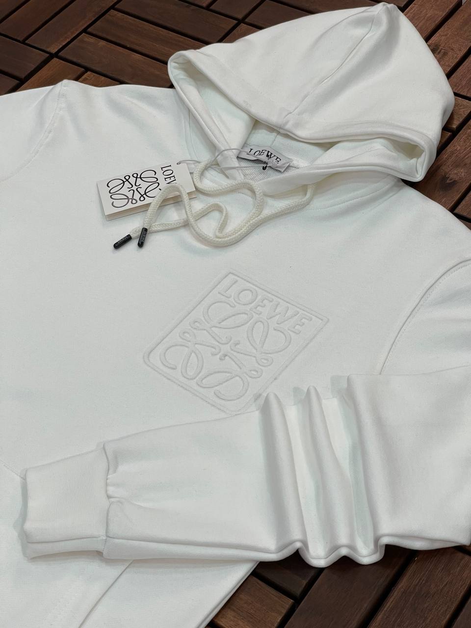 LOEWE Embossed Logo White Hoodie UNISEX