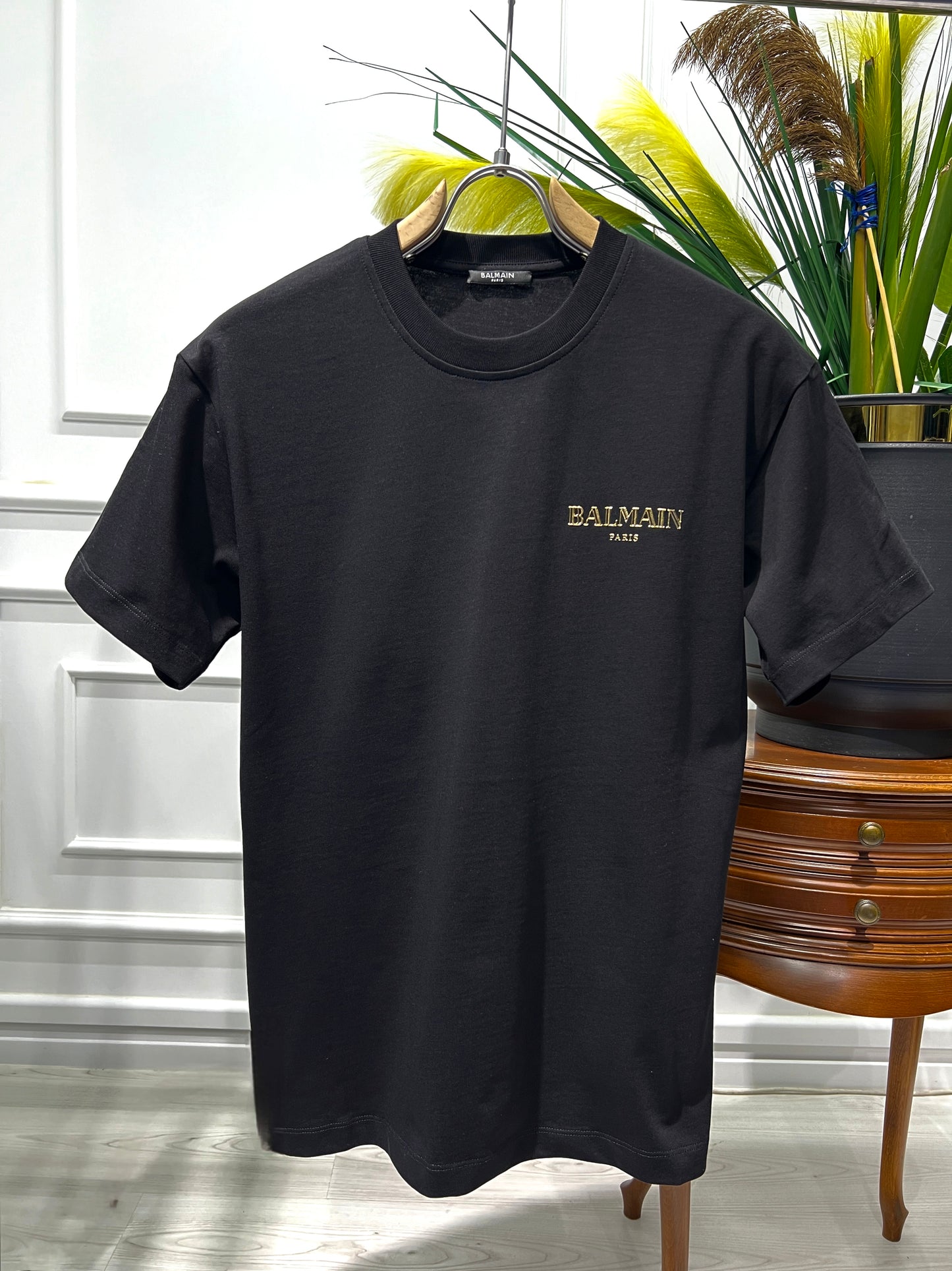 Balmain Vintage Gel Logo Black Tshirt For Men