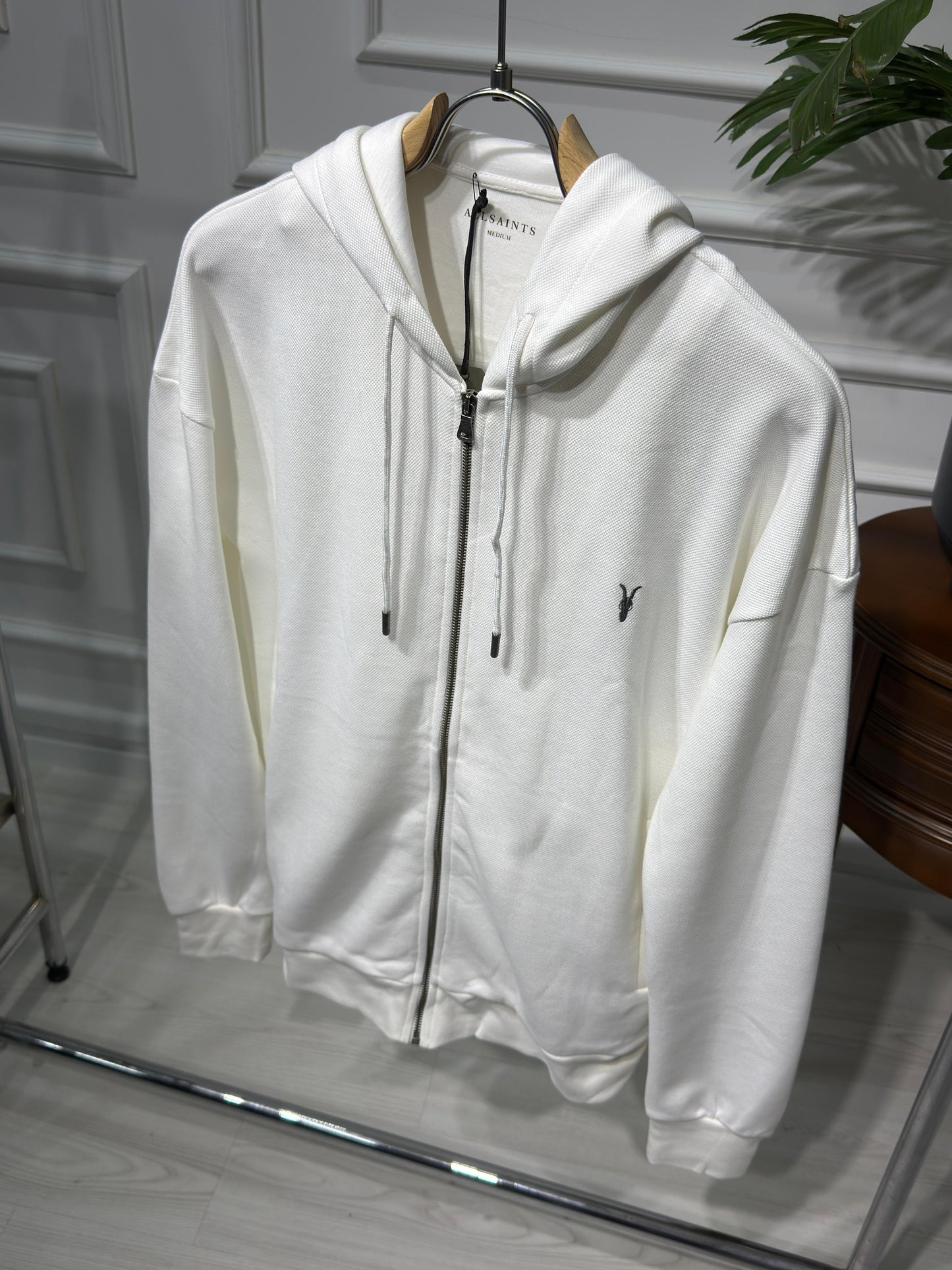 Embriodered logo full-zip white hoodie for men