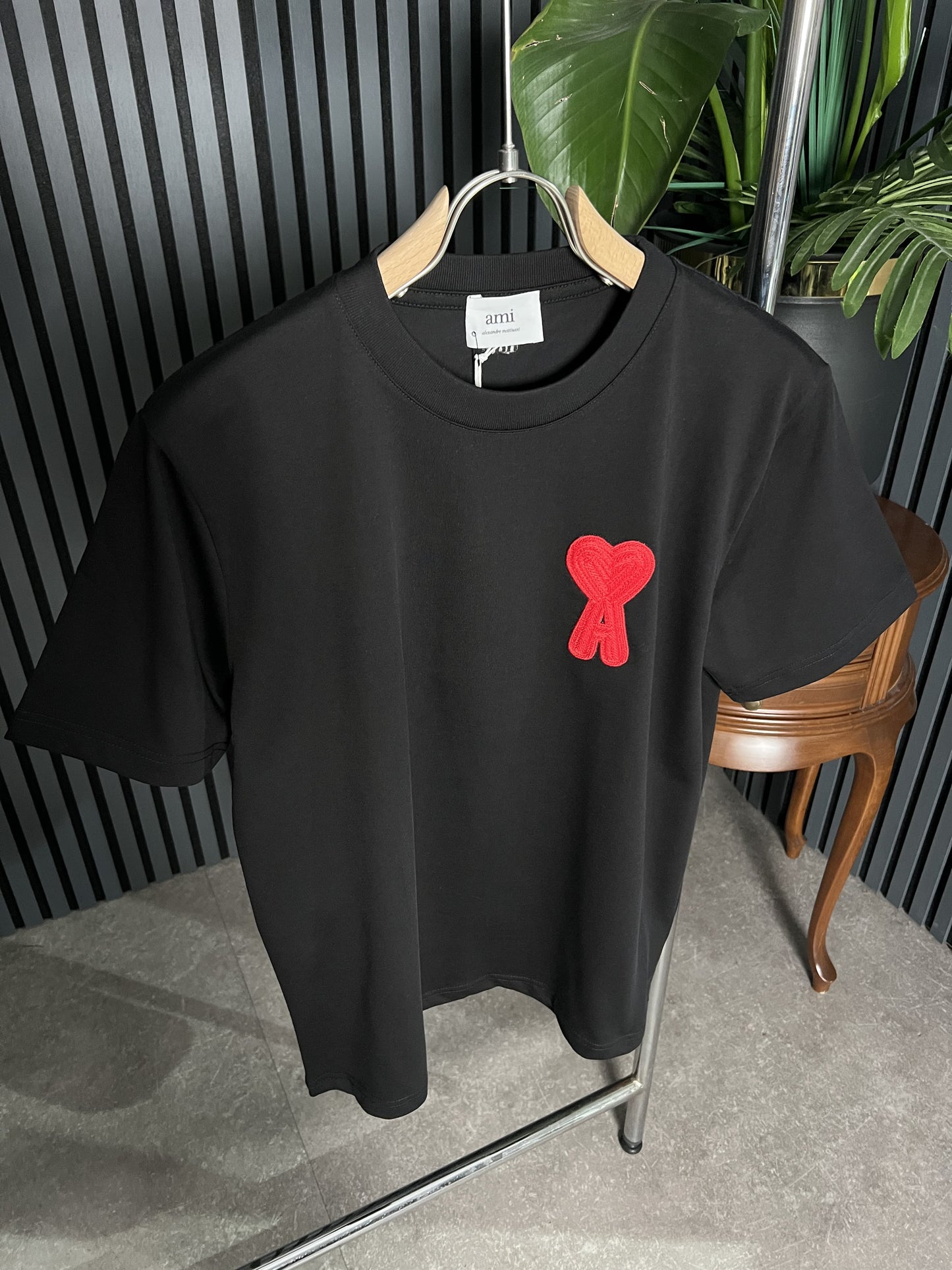 Ami Paris Embroidered Logo Black Relaxed Fit Tshirt For Men