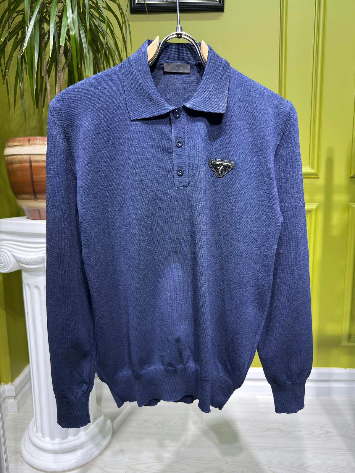 Prada Navy Blue Knitted Polo For Men