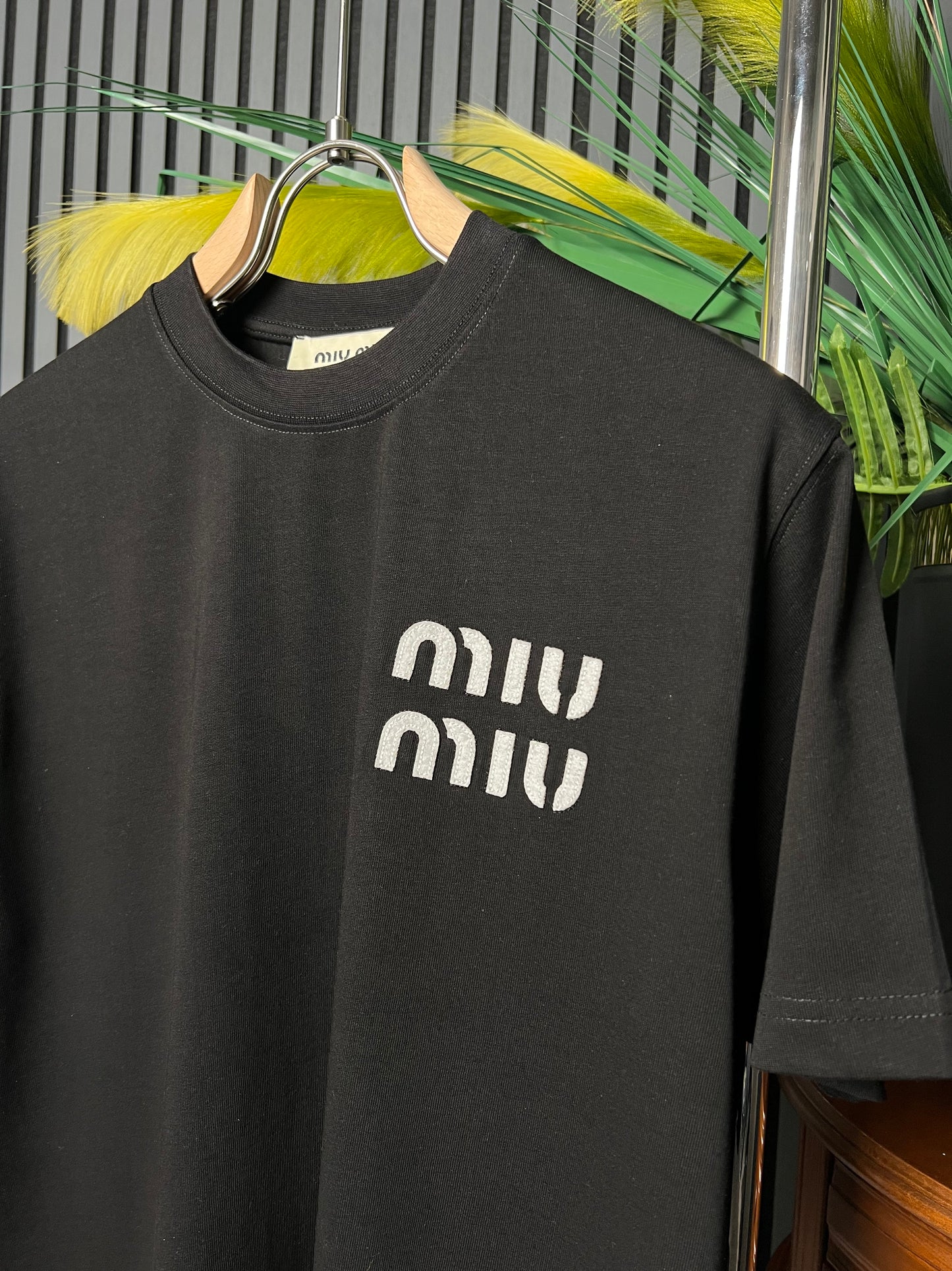 MIUMIU embroidered Logo Black Tshirt For Men