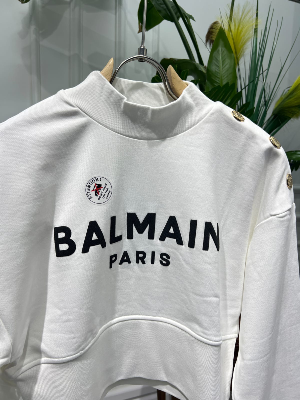 Cropped white sweatshirt with Balmain Paris Print for women
