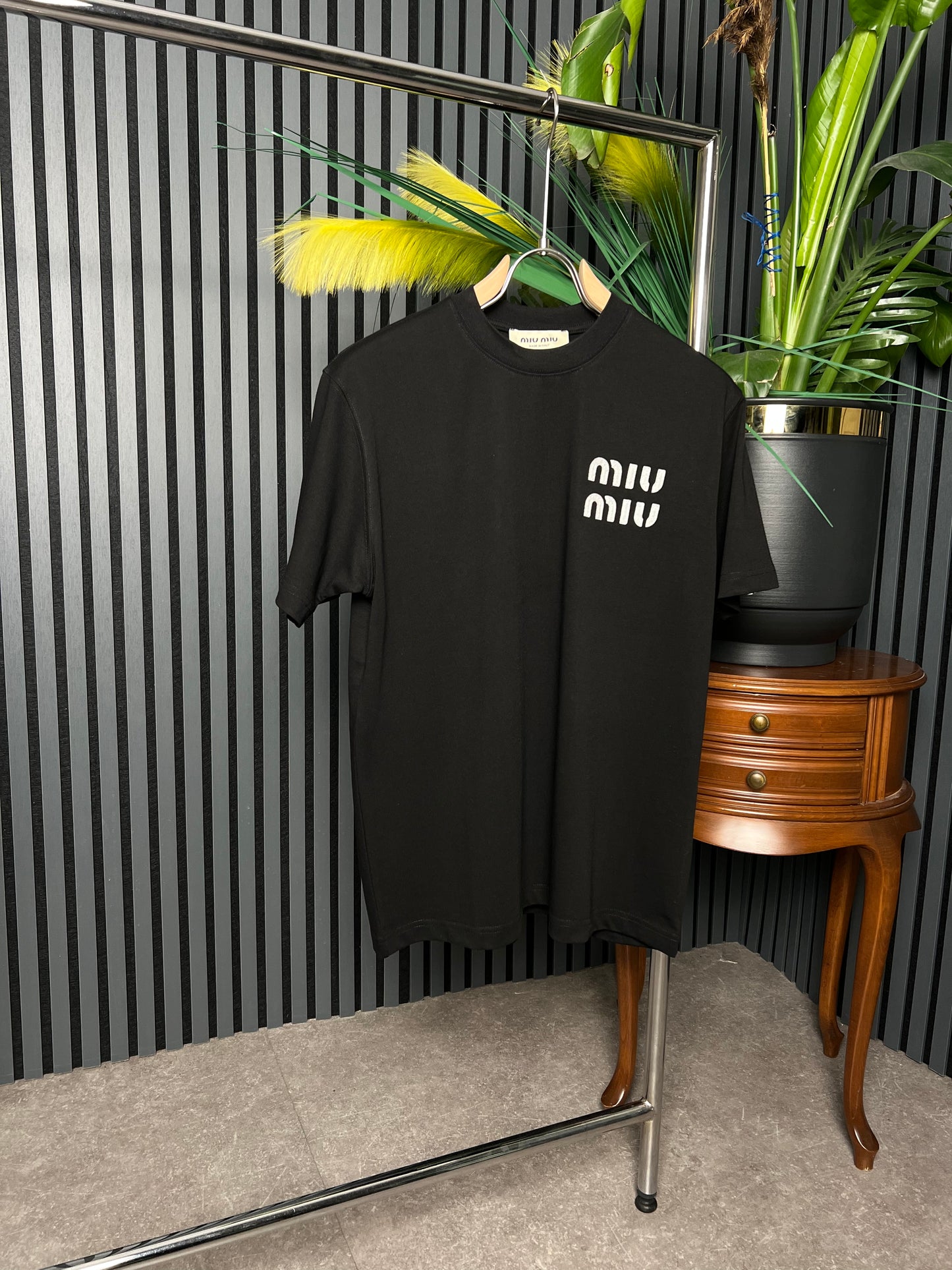 MIUMIU embroidered Logo Black Tshirt For Men
