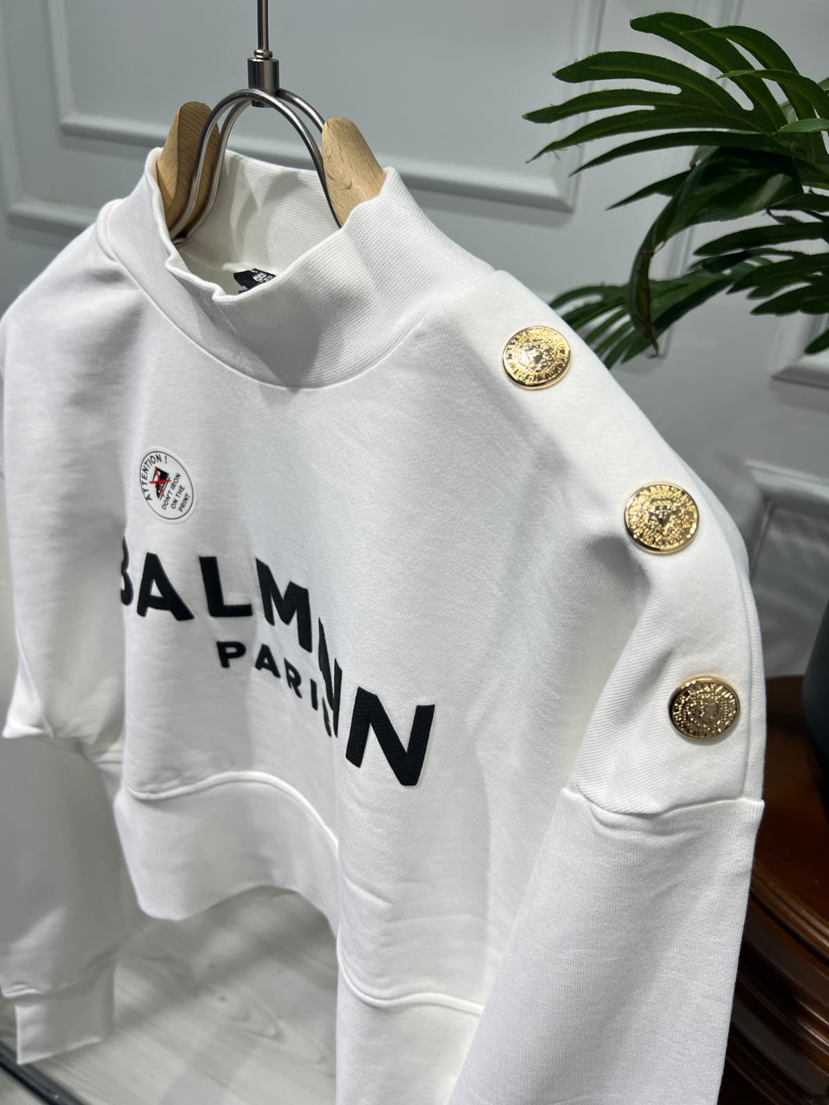 Cropped white sweatshirt with Balmain Paris Print for women
