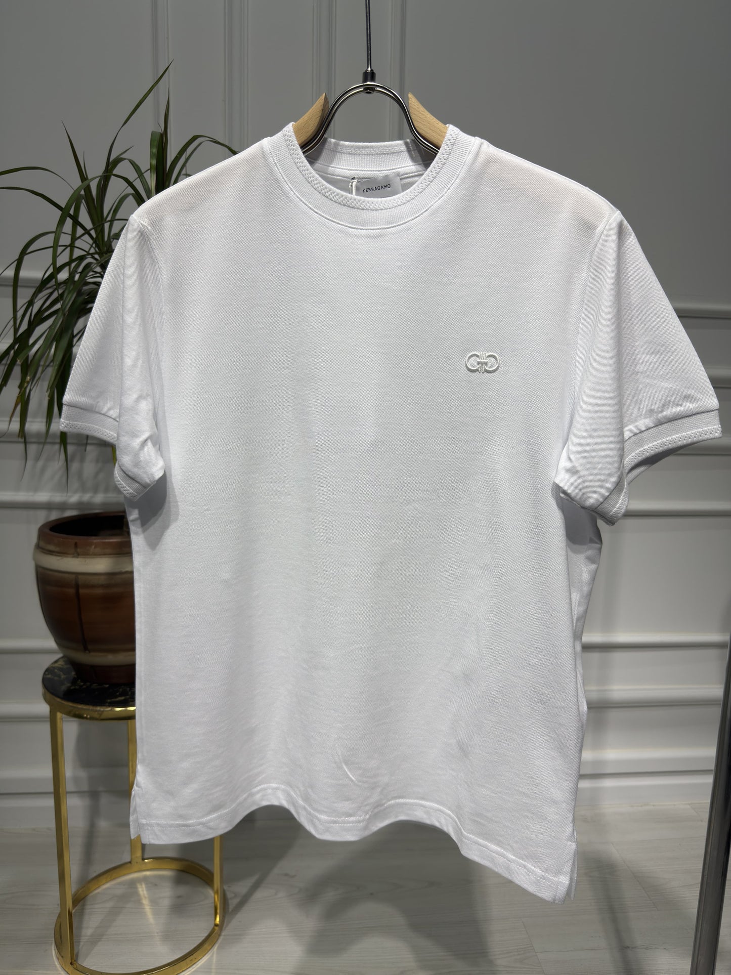 Ferragamo Embroidered Logo White Tshirt For Men