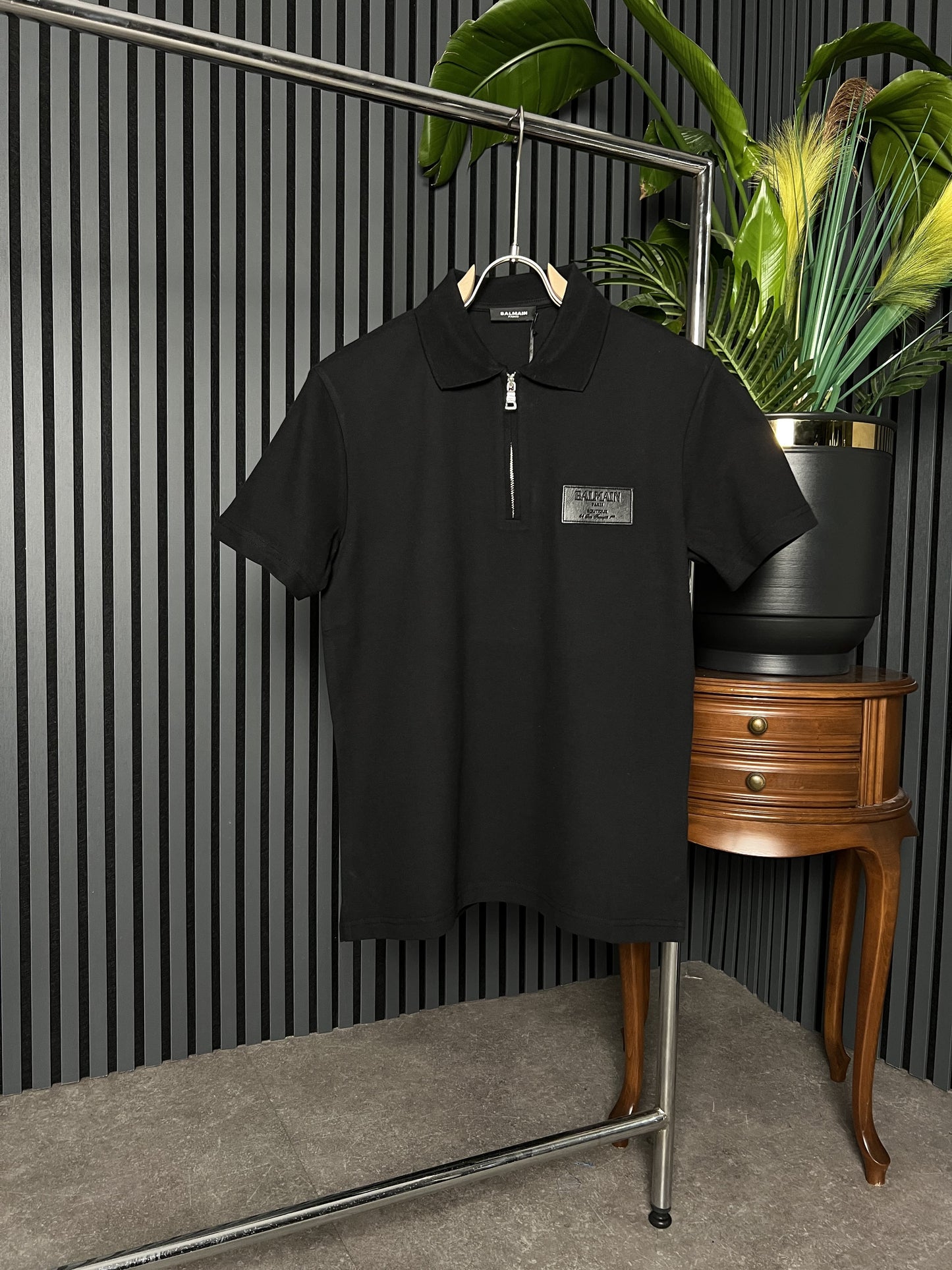 Balmain With Leather Label Black Polo Tshirt For Men
