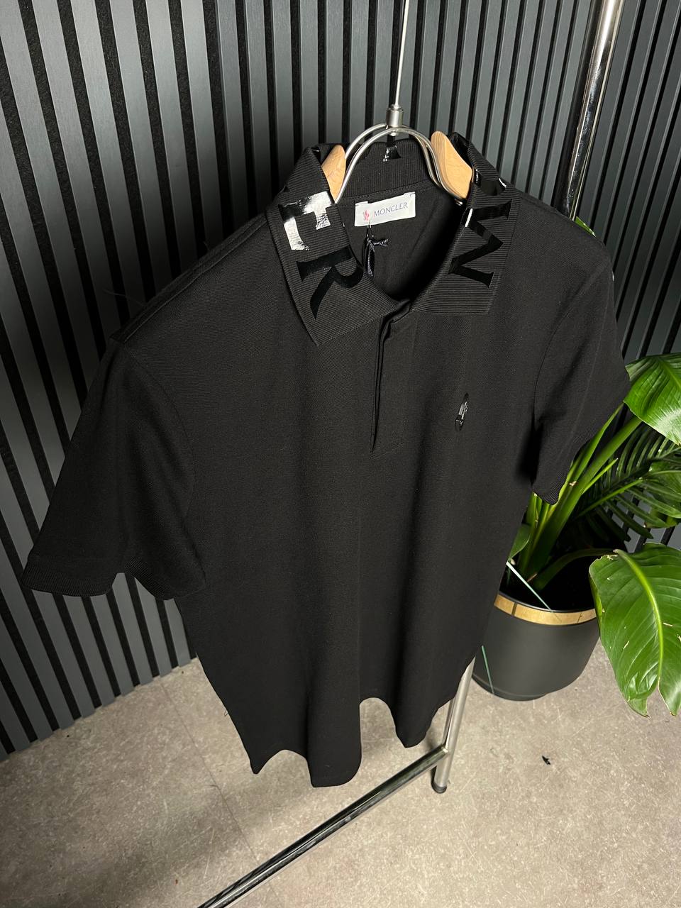 Moncler Collar Logo Print Black Polo For Men