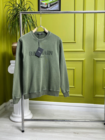 Balmain Embroidered Logo Washed Green Sweatshirt for Men