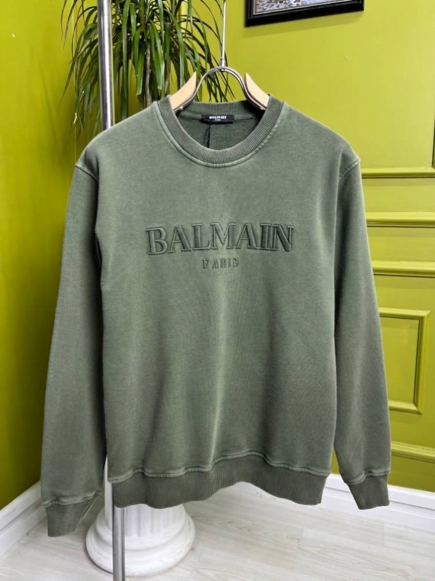 Balmain Embroidered Logo Washed Green Sweatshirt for Men