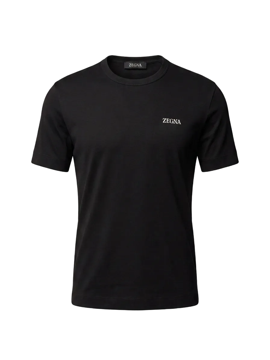 ZEGNA Embroidered Logo Black Tshirt For Men