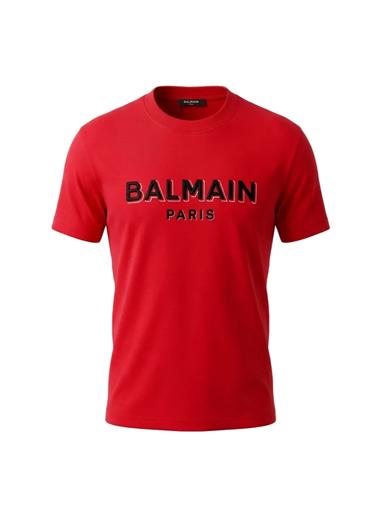 Balmain Chamois Logo Red Tshirt For Men