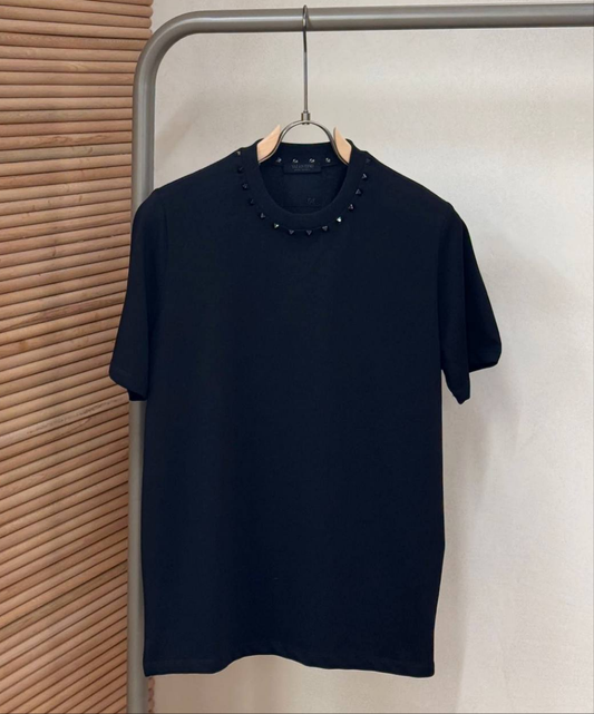 Valentino Untitled Studs Neck Black Tshirt For Men