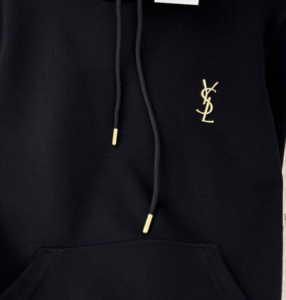 YSL Gold Metal Logo Black Hoodie For Women