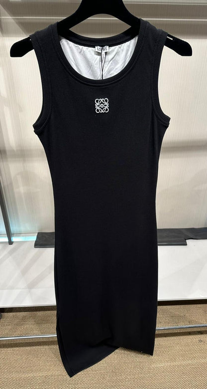 Anagram Embroidered Ribbed Black Dress