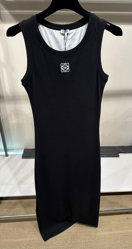 Anagram Embroidered Ribbed Black Dress