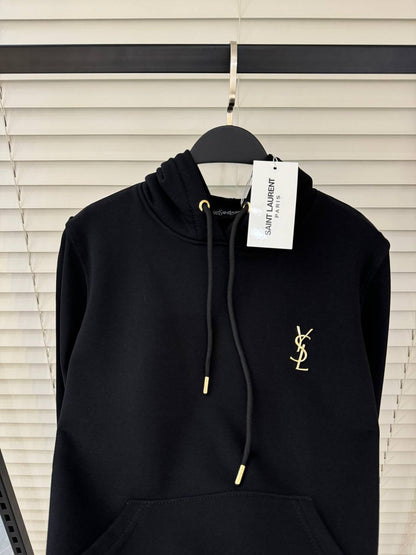 YSL Gold Metal Logo Black Hoodie For Women