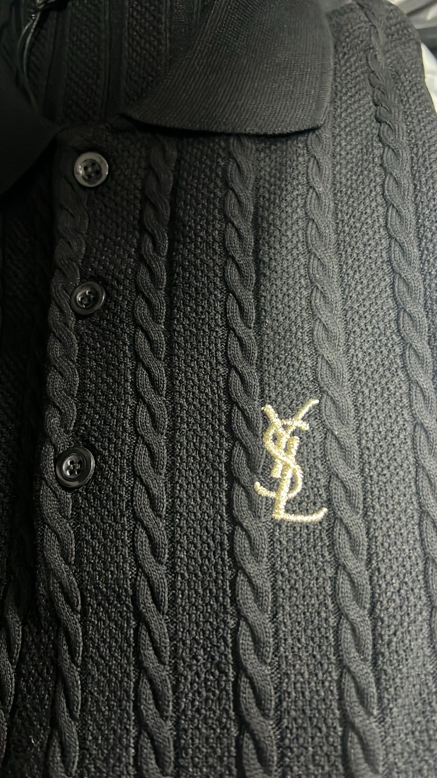 YSL Embroidered Logo Black Triko Tshirt For Men