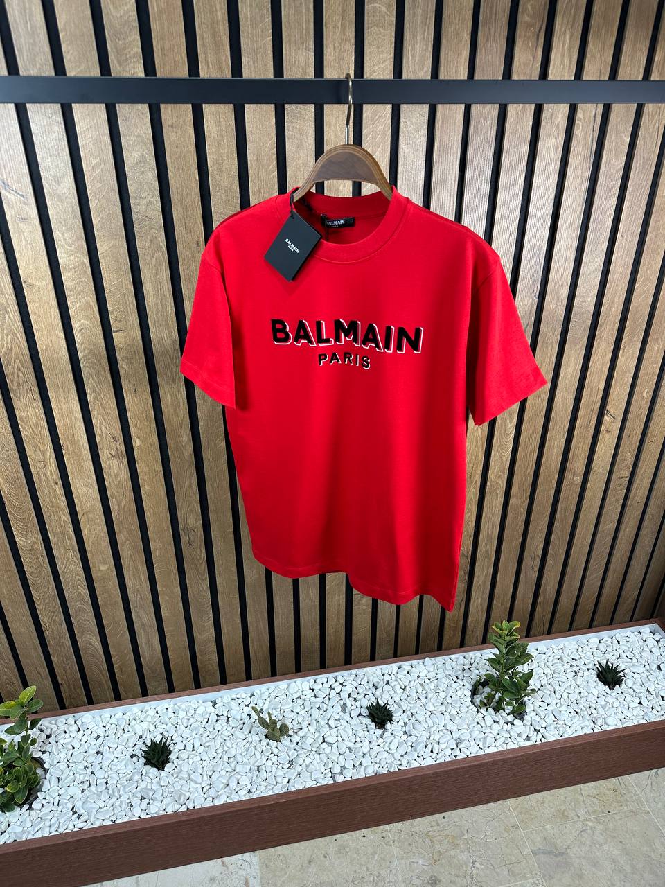 Balmain Chamois Logo Red Tshirt For Men