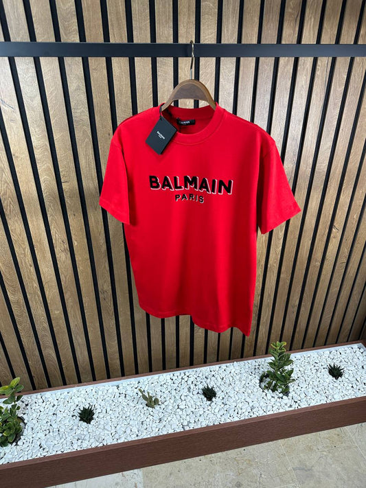 Balmain Chamois Logo Red Tshirt For Men