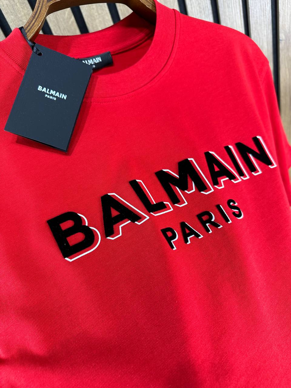 Balmain Chamois Logo Red Tshirt For Men