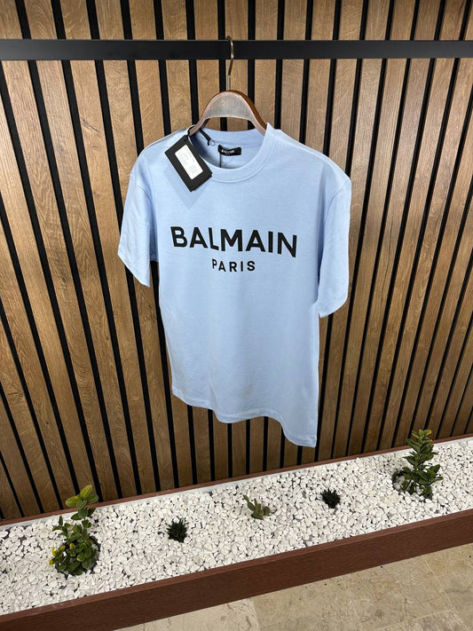 Balmain Black Logo Printed Light Blue Tshirt For Men