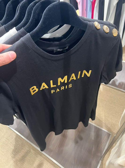 Balmain Gold Printed Logo Black Tshirt For Women