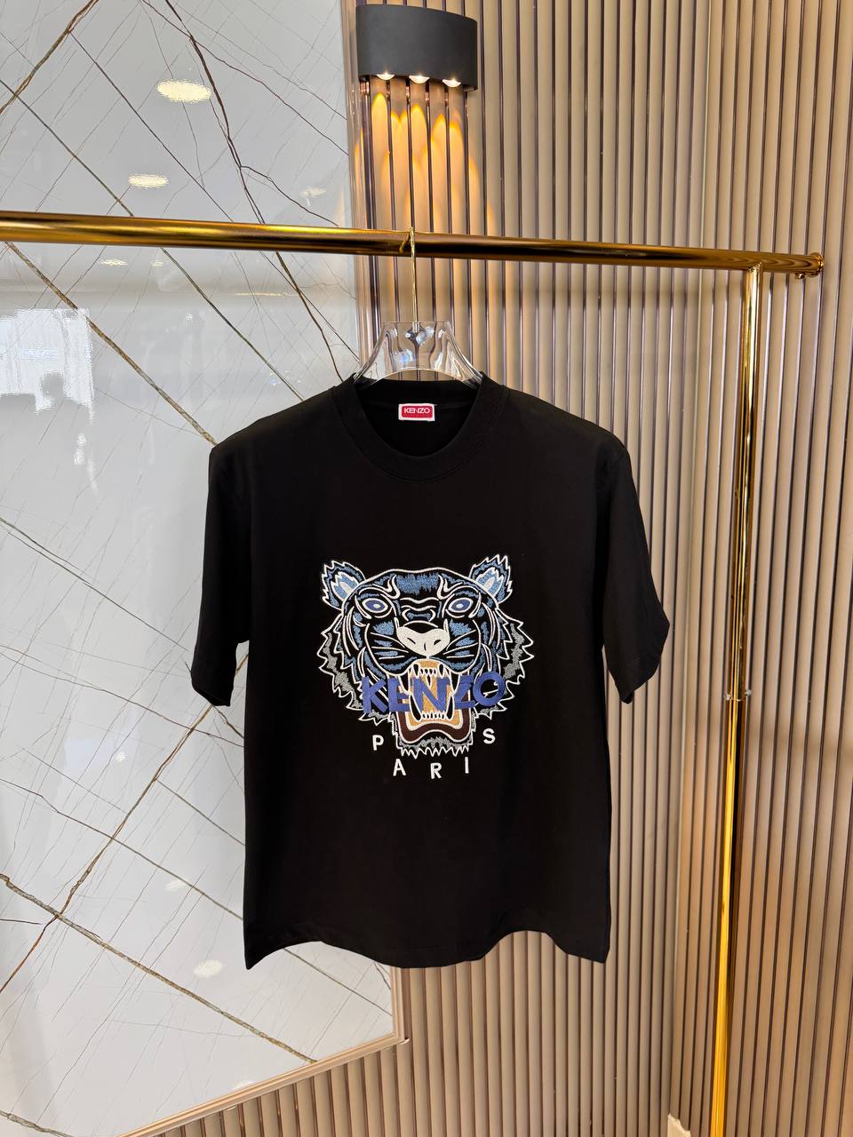 Tiger Embroidered Logo Blue Writting Black Tshirt For Men