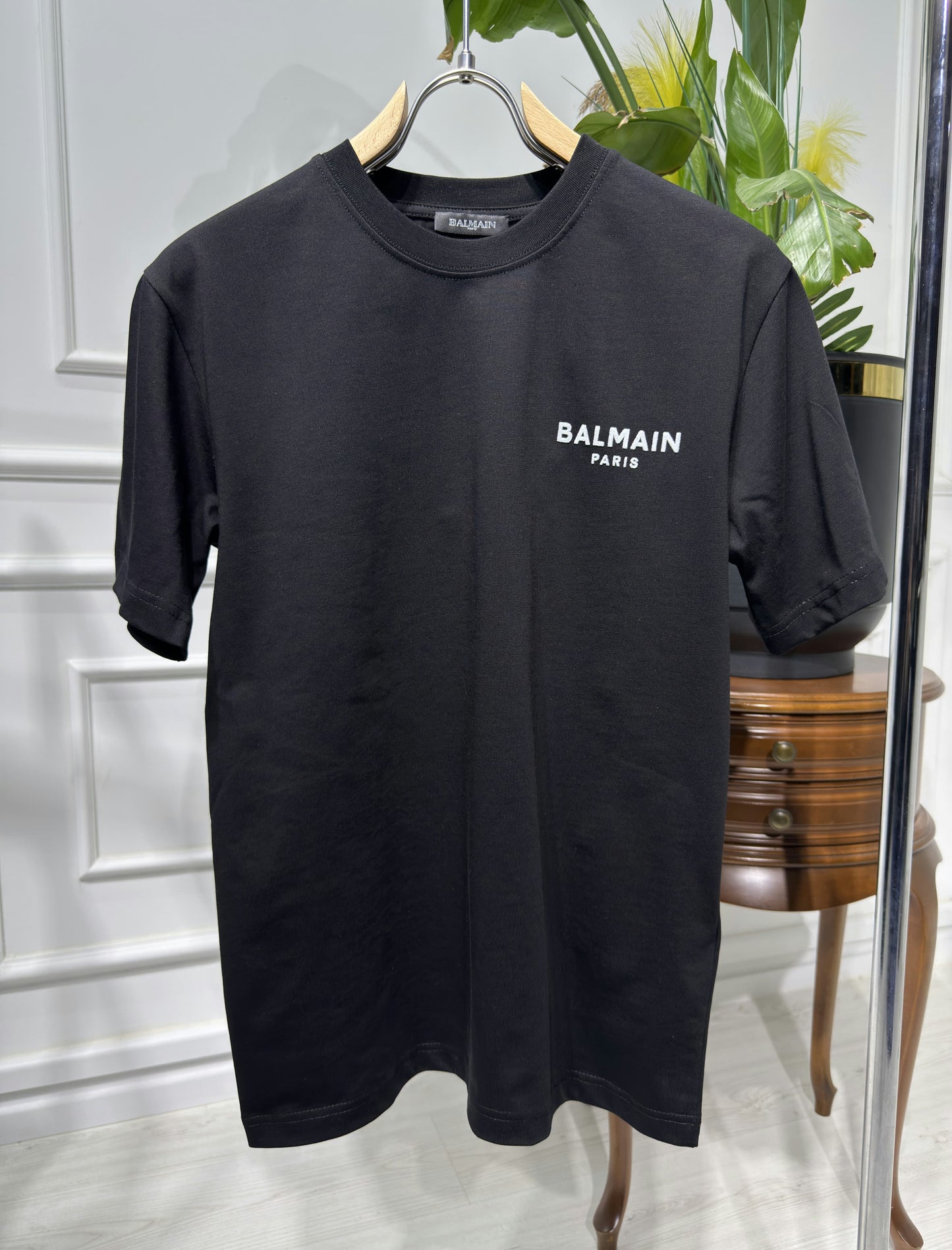 Balmain Flocked Logo Black Tshirt For Men