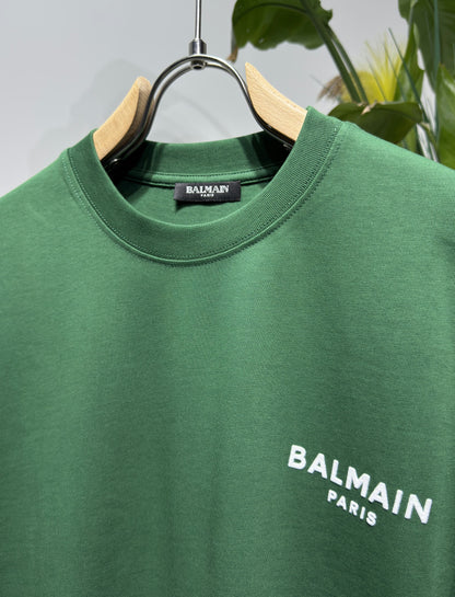 Balmain Flocked Logo Green Tshirt For Men