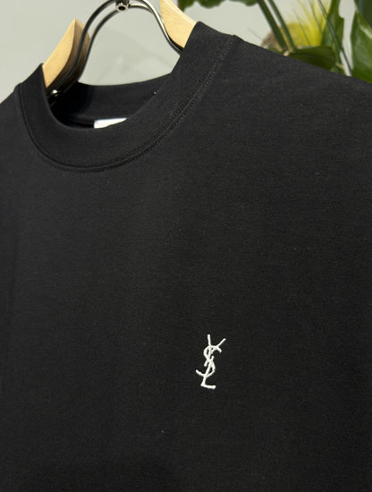 YSL Embroidered Logo Black Tshirt For Men