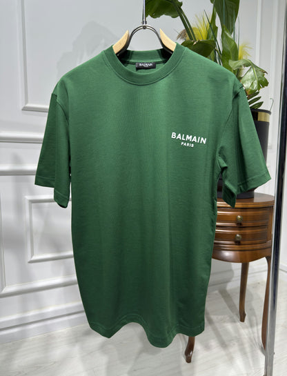 Balmain Flocked Logo Green Tshirt For Men
