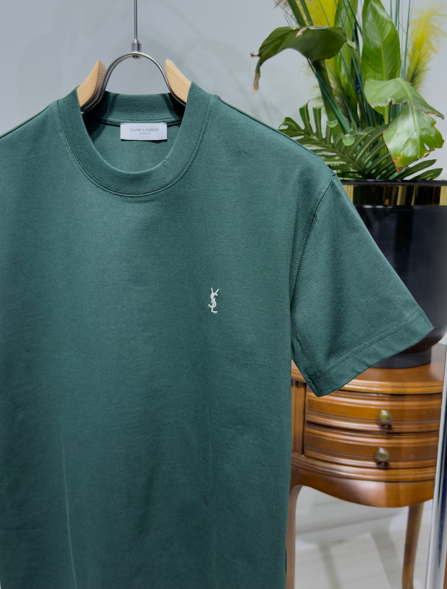 YSL Embroidered Logo Dark Green Tshirt For Men
