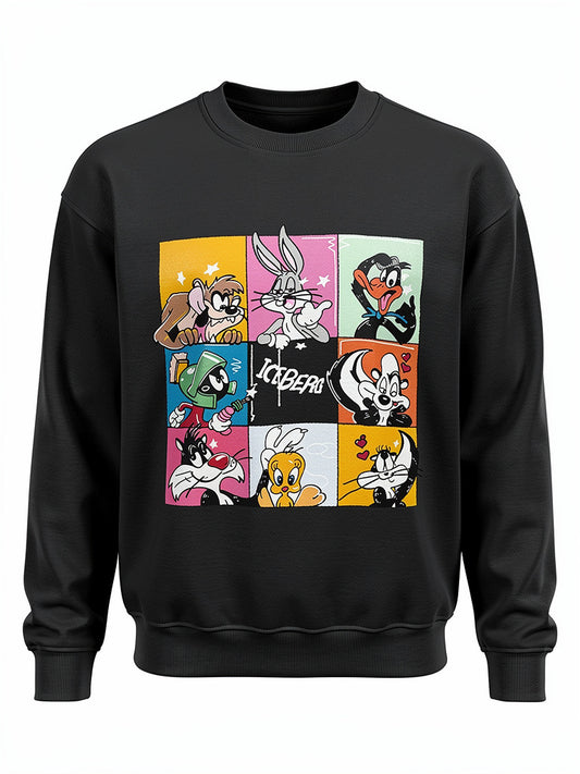 Looney Tunes Printed Logo Black Slimfit Sweatshirt For Men