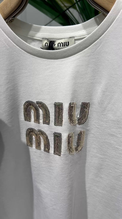 Miumiu Sequin Logo Regular Tshirt For Women