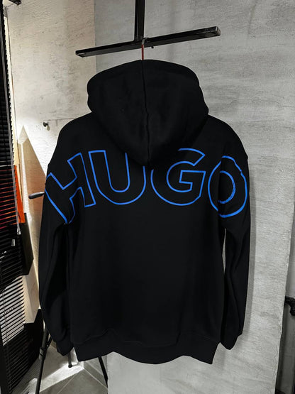 HUGO Black Hoodie Blue Logo For Men