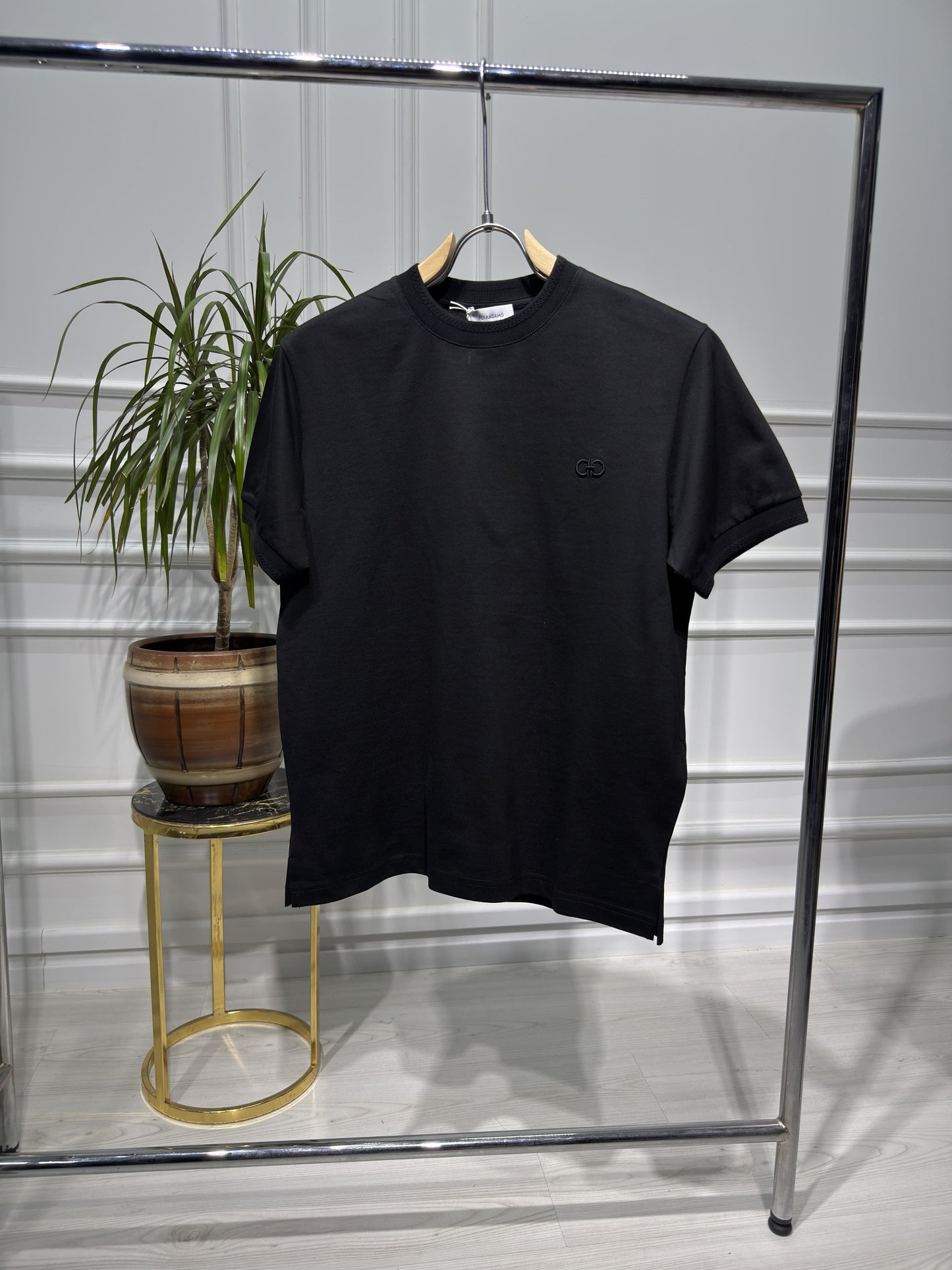 Ferragamo Embroidered Logo Black Tshirt For Men