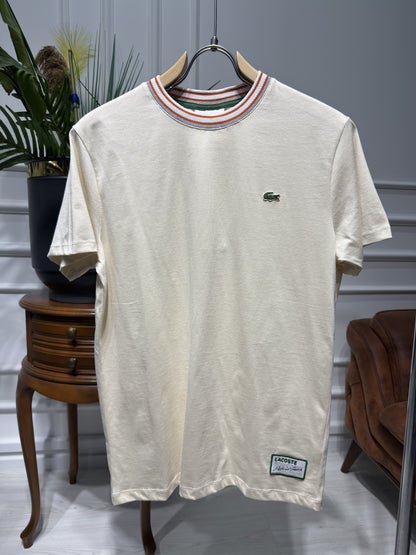 Made In France Stripe Neck Slim fit Cream Tshirt For Men