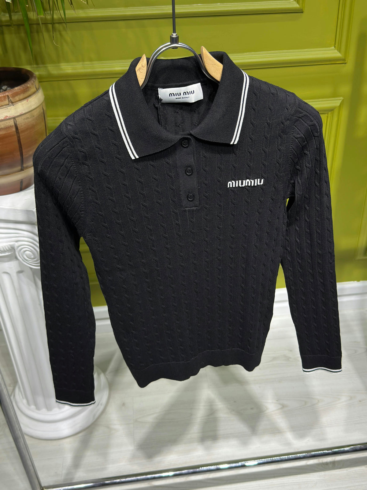 Black Cable-knit Long-sleeve Polo For Women