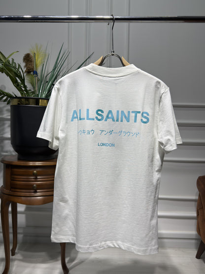 Allsaints Underground Blue Printed White Relaxed-fit Tshirt For Men