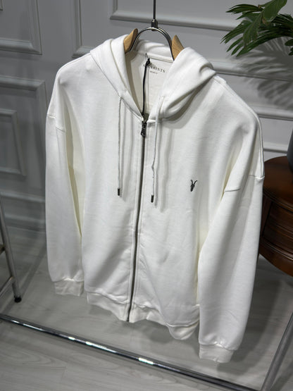 Embriodered logo full-zip white hoodie for men