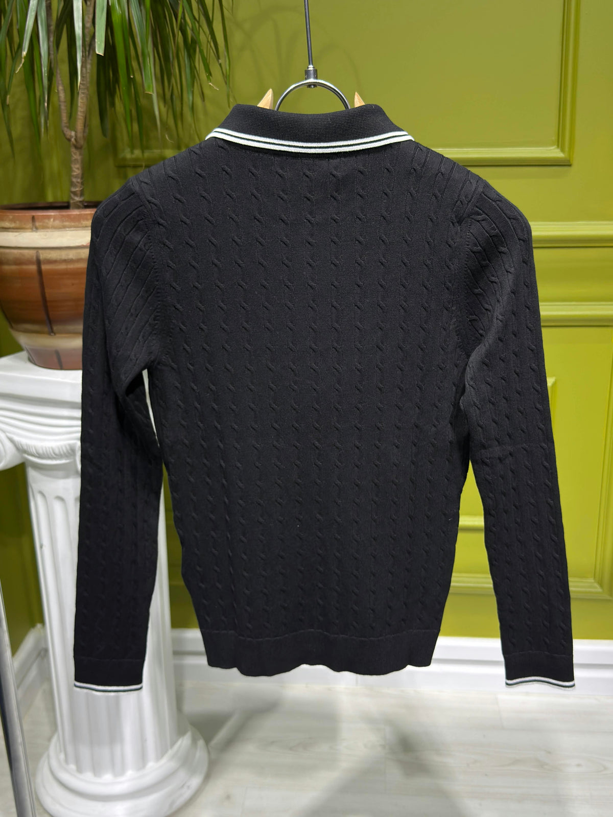 Black Cable-knit Long-sleeve Polo For Women
