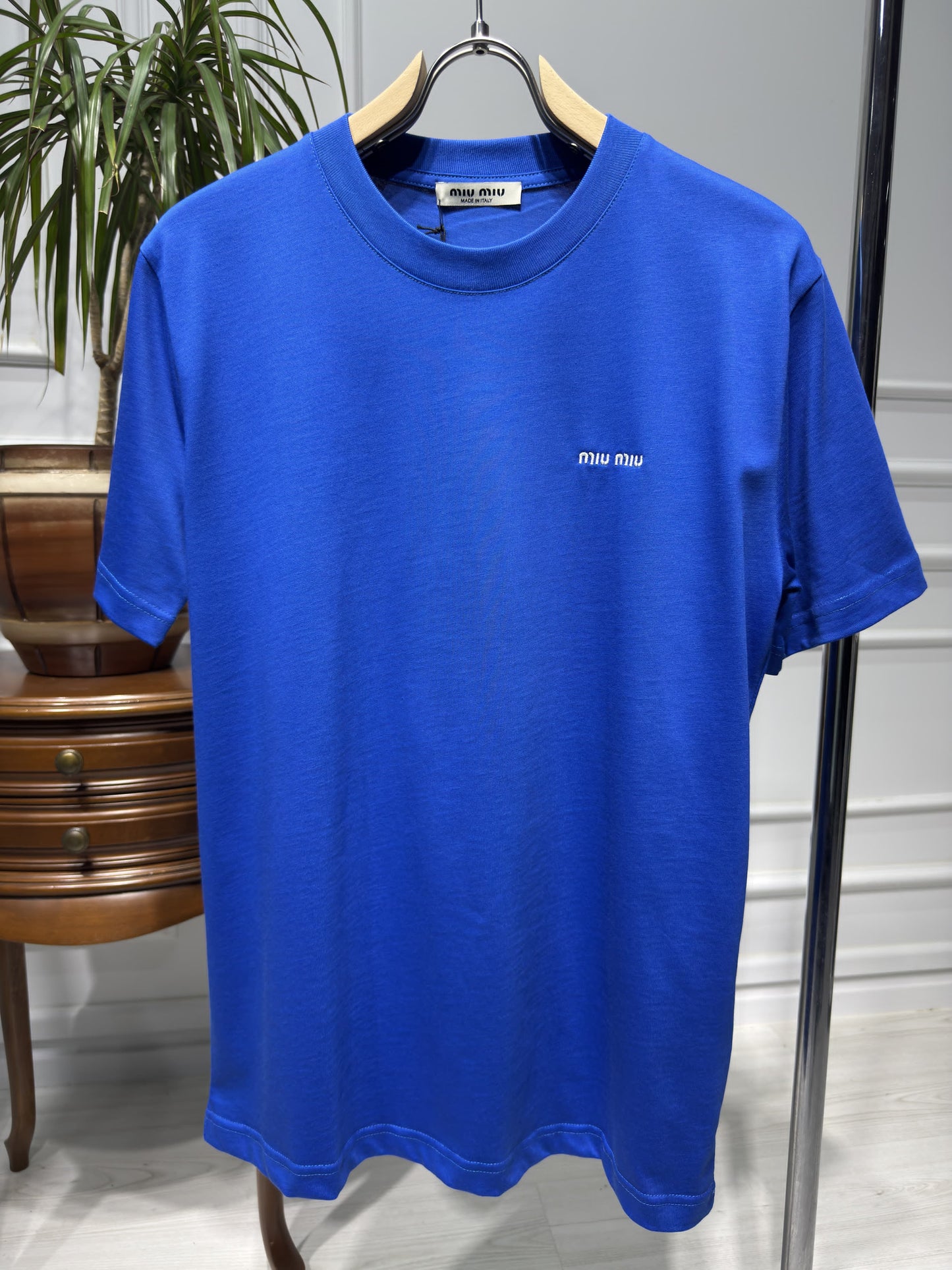 Miumiu Embroidered Logo Blue Tshirt For Men