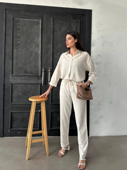 Beige Linen Set 3/4 Sleeve