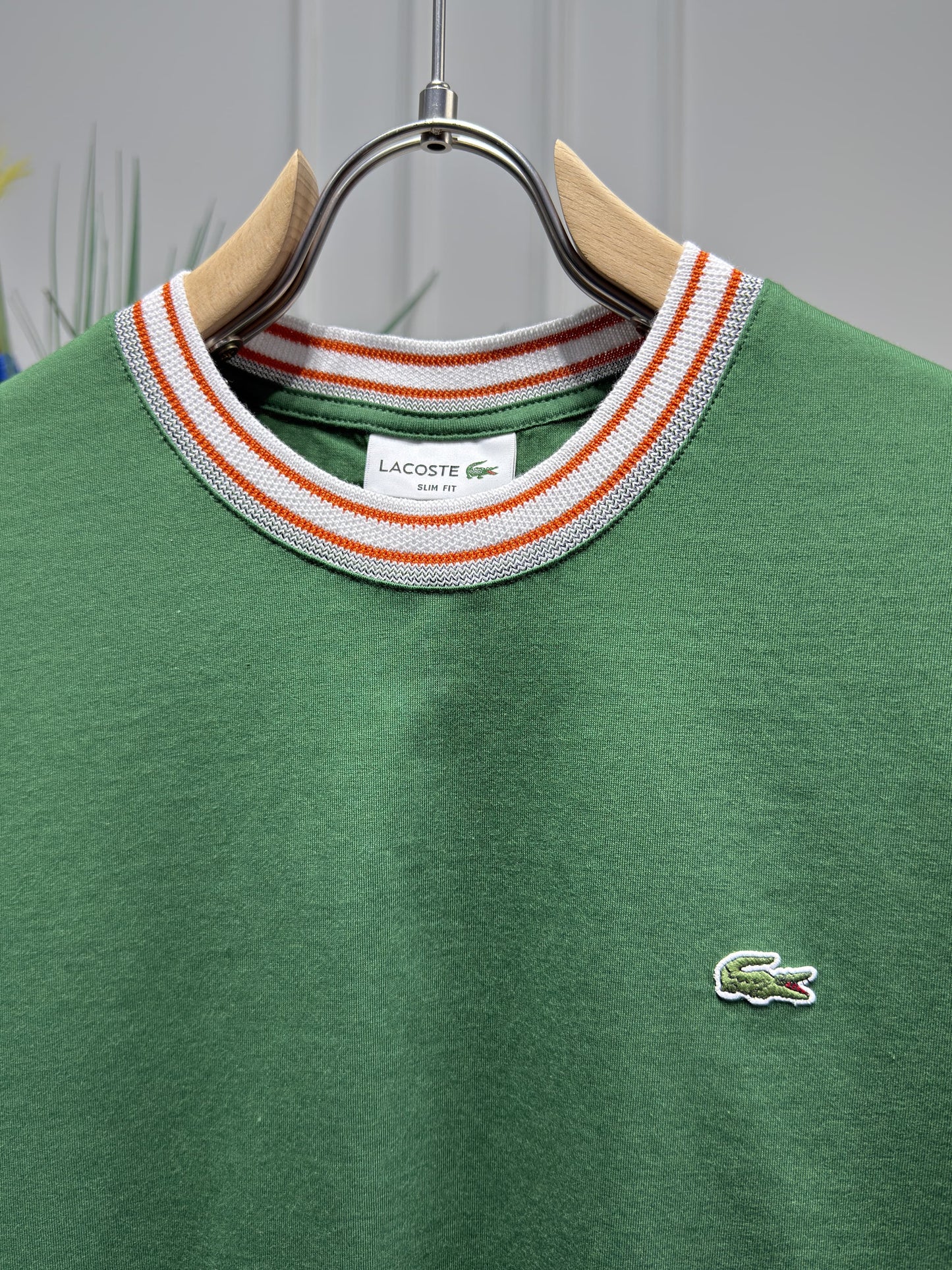 Made In France Stripe Neck Slim fit Green Tshirt For Men