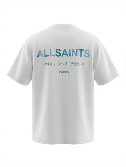 Allsaints Underground Blue Printed White Relaxed-fit Tshirt For Men