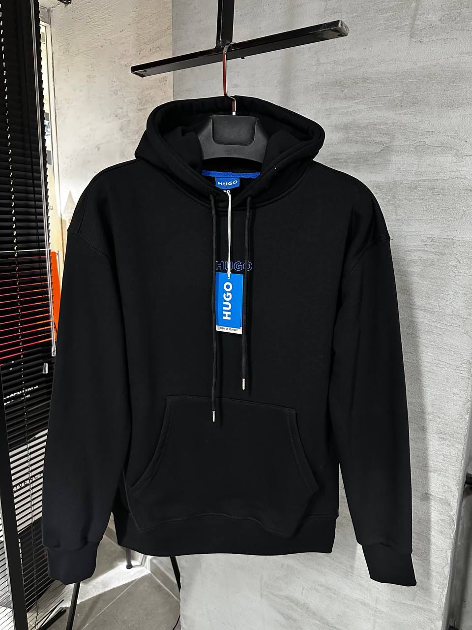 HUGO Black Hoodie Blue Logo For Men