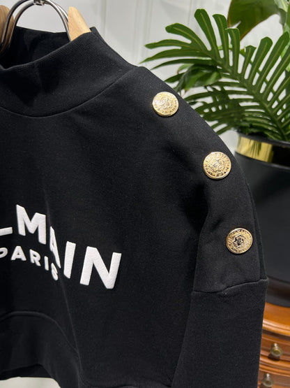 Cropped black sweatshirt with Balmain Paris Print for women