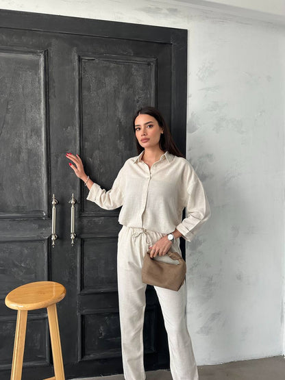 Beige Linen Set 3/4 Sleeve